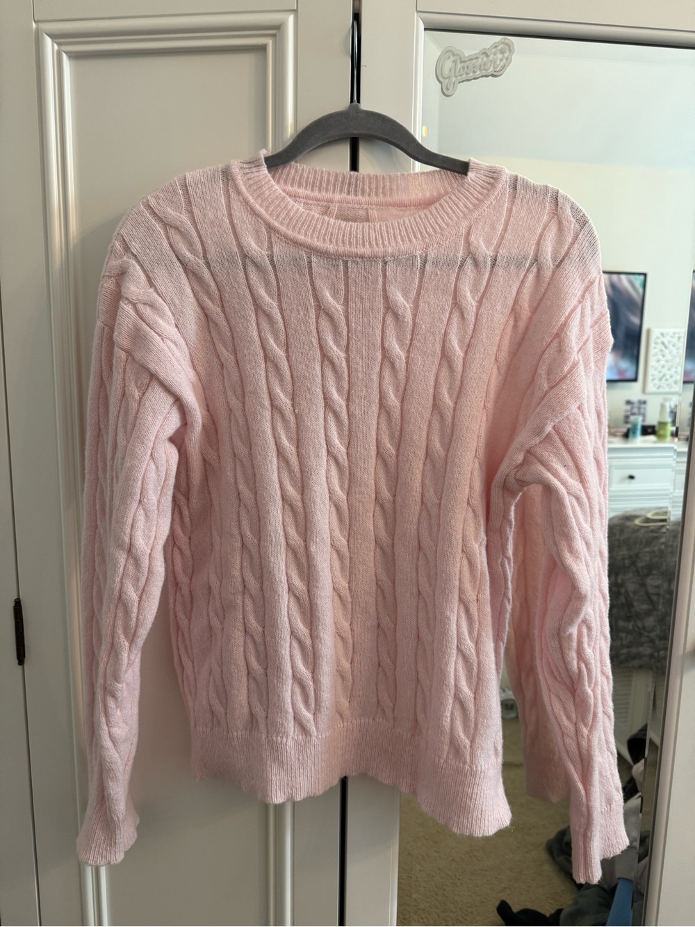 SHEIN Light Pink Cable Knit Crewneck Sweater